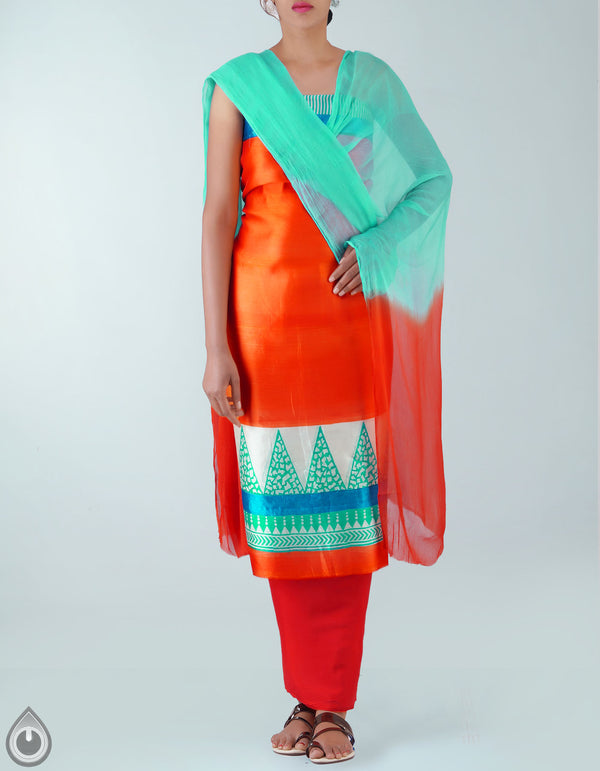 Online Shopping for Unstitched Orange Pure Dupion Silk Salwar Kameez with Hand Block Prints from Jharkhand at Unnatisilks.com, India 