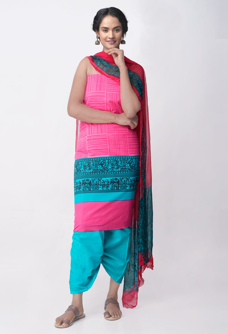 Online Shopping for Unstitched Pink-Green Pure Rajasthani Malmal Cotton Salwar Kameez with Prints from Rajasthan at Unnatisilks.com, India 