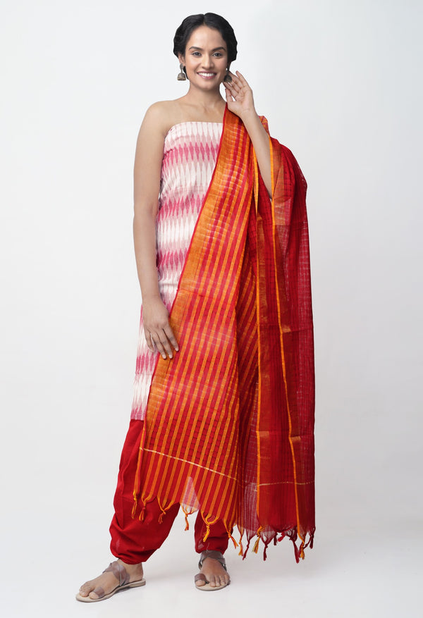 Online Shopping for Unstitched Cream-Red Pure Handloom Pochampally Mangalagiri Cotton Salwar Kameez with Tie-dye Ikat  from Andhra pradesh at Unnatisilks.com, India "