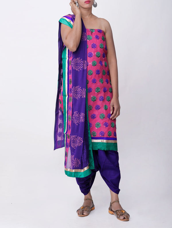 Online Shopping for Unstitched Pink-Blue Banarasi Supernet Salwar Kameez with Embroidery Work from Uttar Pradesh at Unnatisilks.com, India 