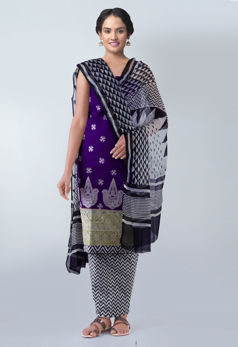 Online Shopping for Unstitched Violet-Cream Pure Handloom Rajkot Cotton Salwar Kameez with  from  at Unnatisilks.com, India 