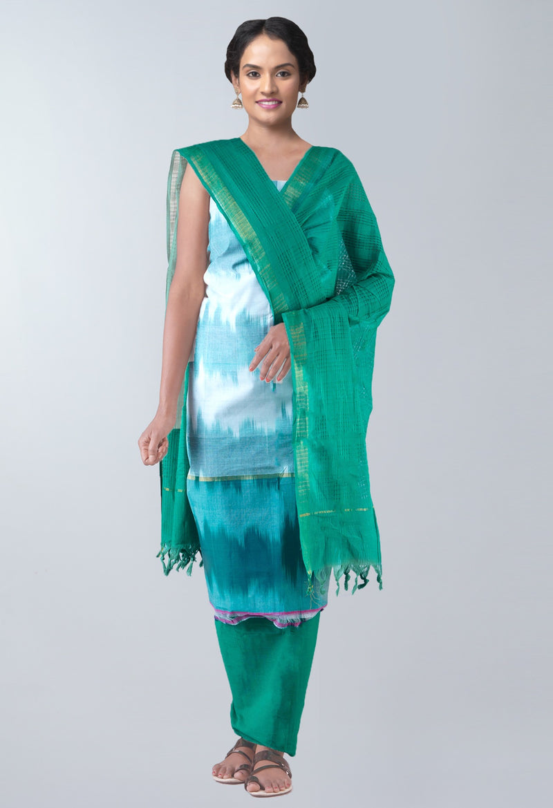 Online Shopping for Unstitched Cream-Green Pure Handloom Kanchi Cotton Salwar Kameez with Weaving from Tamilnadu at Unnatisilks.com, India 