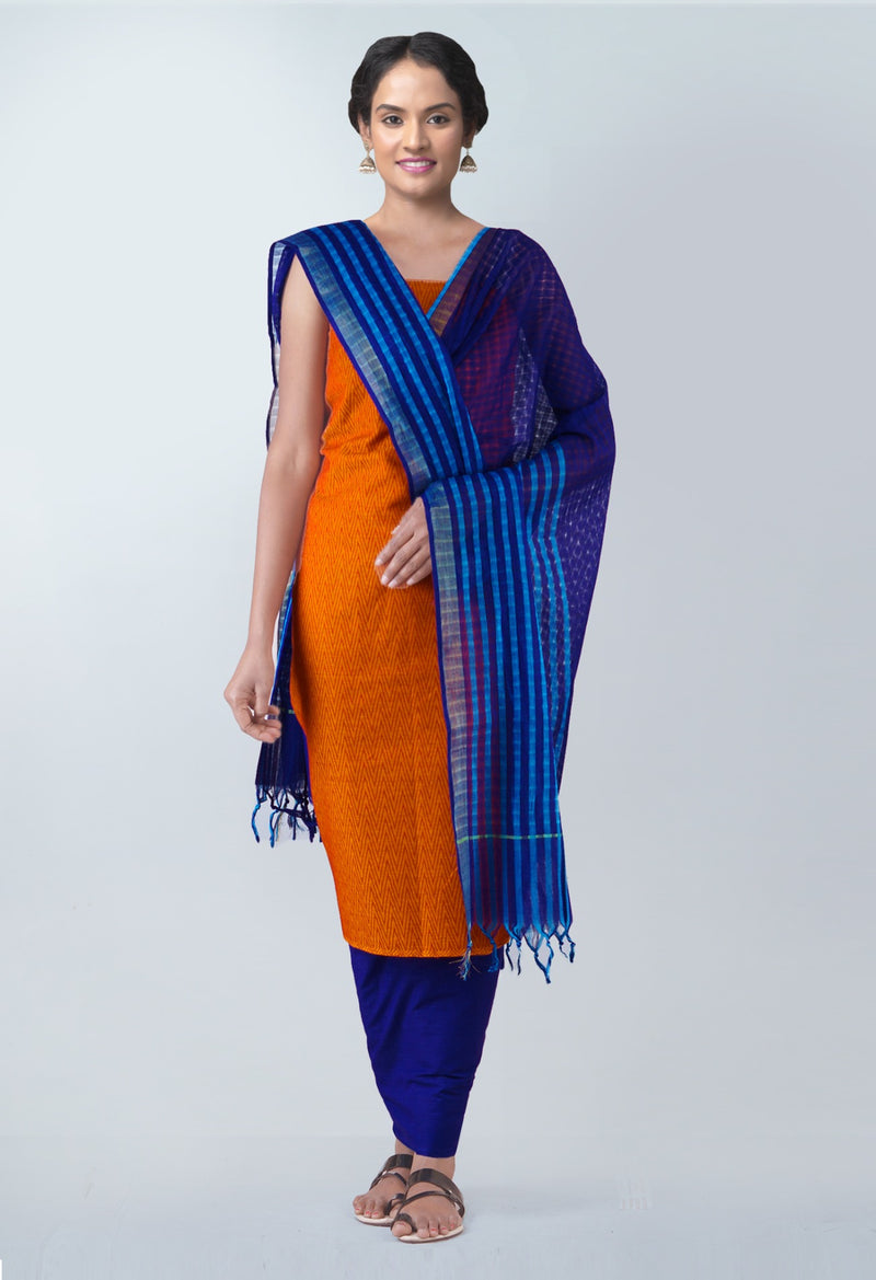 Online Shopping for Unstitched Orange-Blue Pure Rajasthani Cotton Salwar Kameez with  from  at Unnatisilks.com, India 