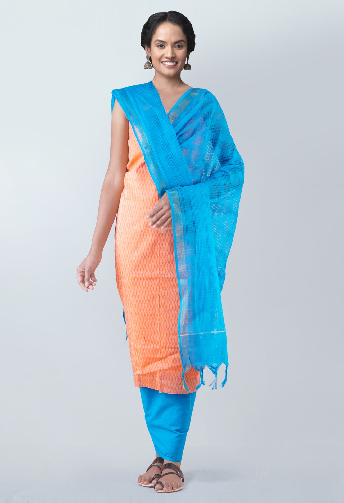 Online Shopping for Unstitched Orange-Blue Pure Rajasthani Cotton Salwar Kameez with  from  at Unnatisilks.com, India 