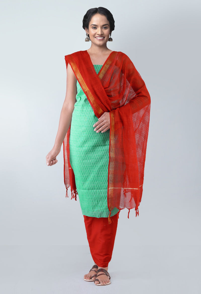 Online Shopping for Unstitched Green-Red Pure Rajasthani Cotton Salwar Kameez with  from  at Unnatisilks.com, India 