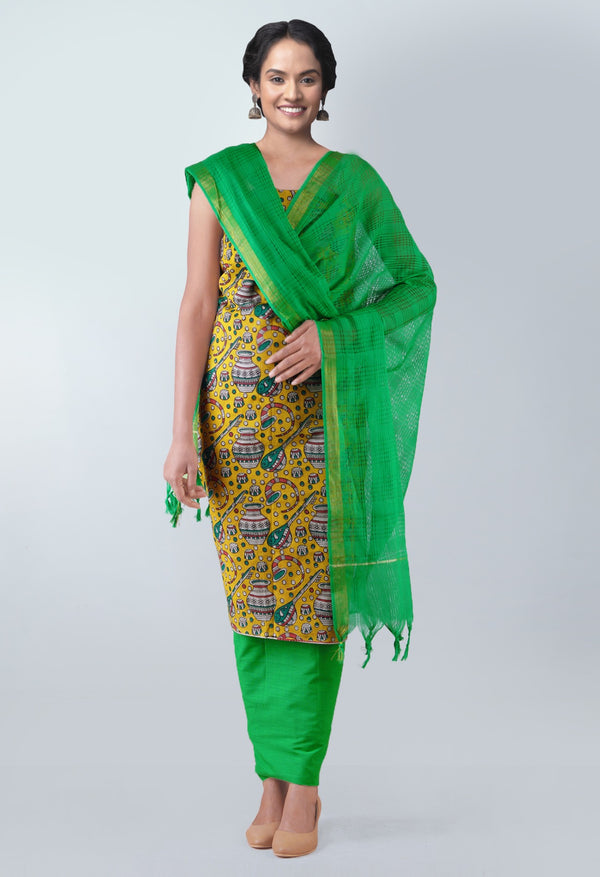 Online Shopping for Unstitched Yellow-Green Pure Kalamkari Cotton Salwar Kameez with  from  at Unnatisilks.com, India 
