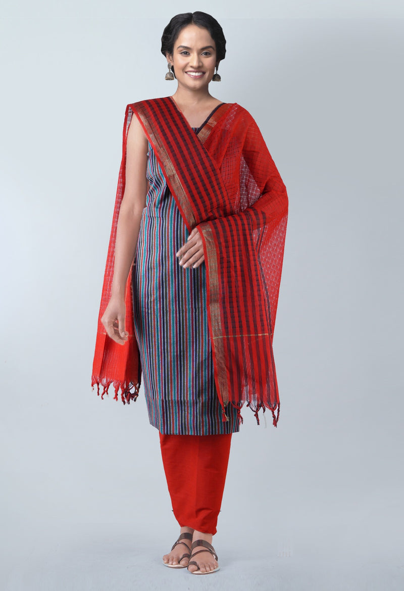 Unstitched Multicolor-Orange Pure Mangalagiri Cotton Salwar Kameez