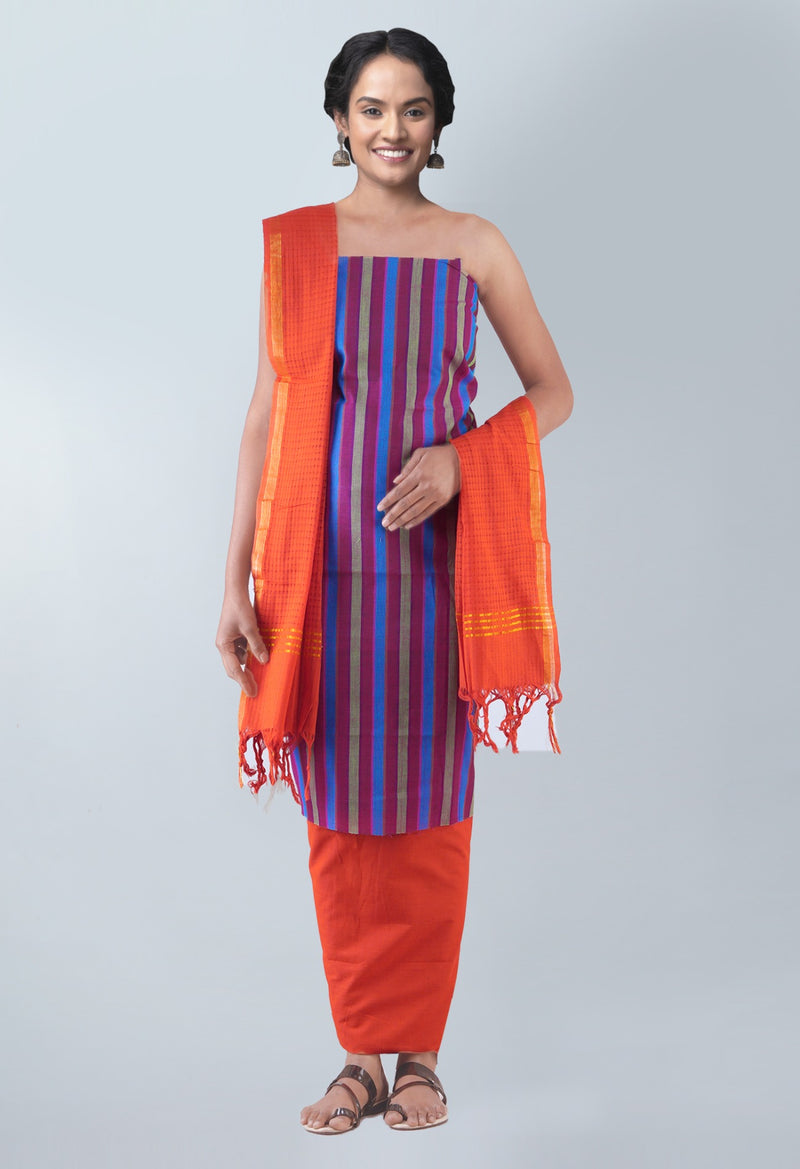 Online Shopping for Unstitched Multicolor-Orange Pure Mangalagiri Cotton Salwar Kameez with weaves from  at Unnatisilks.com, India 