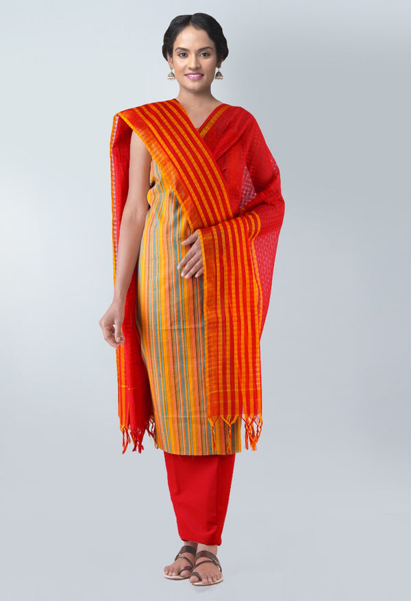 Online Shopping for Unstitched Multicolor-Red Pure Mangalagiri Cotton Salwar Kameez with weaves from  at Unnatisilks.com, India 