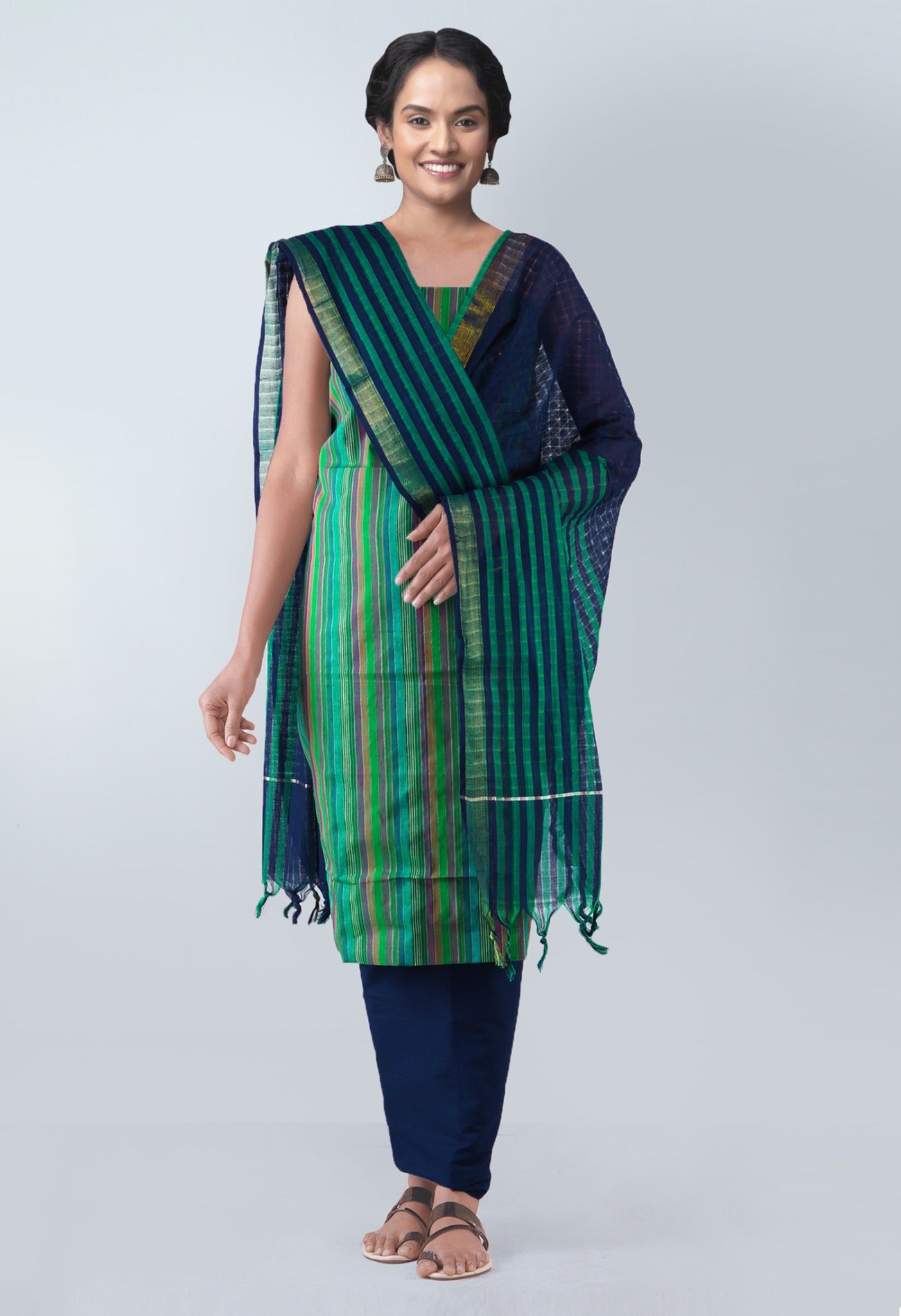 Online Shopping for Unstitched Multicolor-Green Pure Mangalagiri Cotton Salwar Kameez with weaves from  at Unnatisilks.com, India 