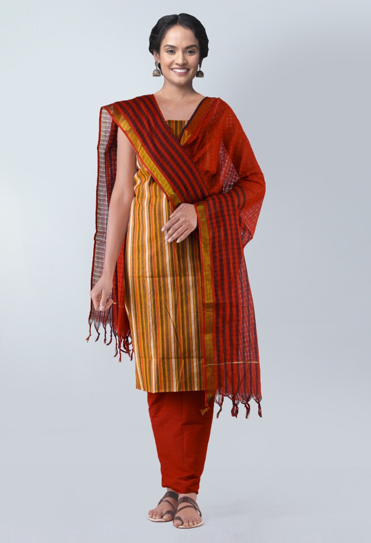 Online Shopping for Unstitched Multicolor-Orange Pure Mangalagiri Cotton Salwar Kameez with weaves from  at Unnatisilks.com, India 