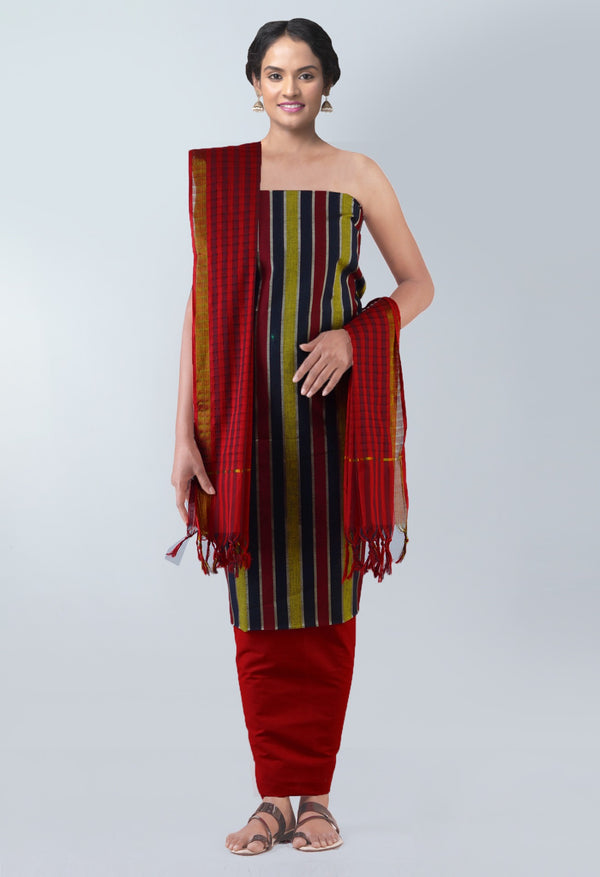 Online Shopping for Unstitched Multi-Red Pure Mangalagiri Cotton Salwar Kameez with weaves from  at Unnatisilks.com, India 