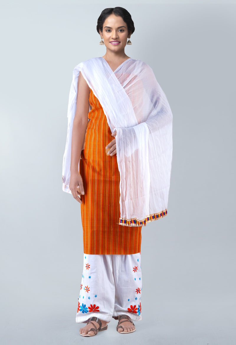 Online Shopping for Semi-stitched Yellow-White Pure Mangalagiri Cotton Salwar Kameez with Weaving from Andhra Pradesh at Unnatisilks.com, India 