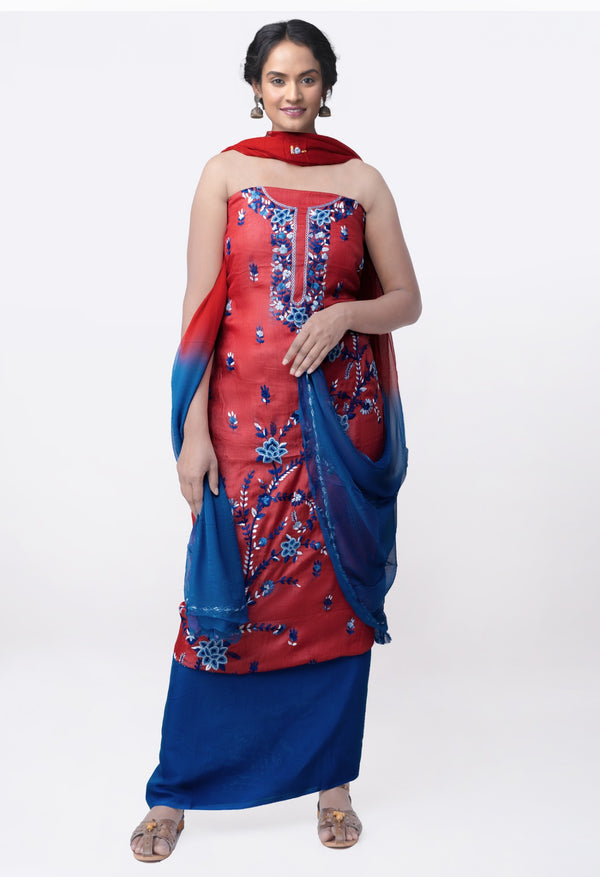Online Shopping for Unstitched Red-Blue Pure Handloom Tussar Silk Kantha Salwar Kameez with Kantha work from Chattisgarh at Unnatisilks.com India