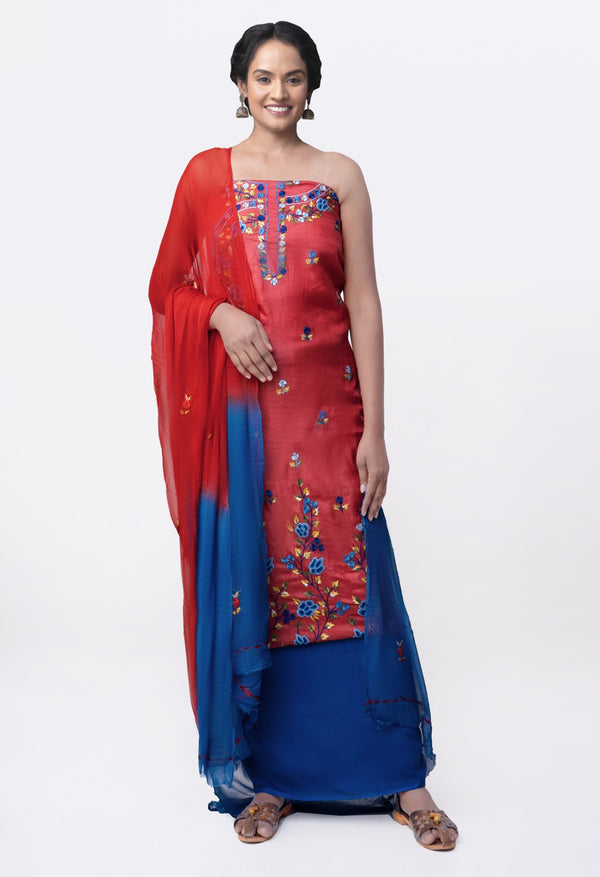 Online Shopping for Unstitched Red-Blue Pure Handloom Kantha Tussar Silk Salwar Kameez with Kantha work from Chattisgarh at Unnatisilks.com India