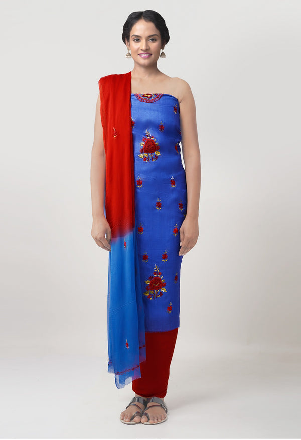 Online Shopping for Unstitched Blue-Red Pure Handloom Tussar Silk Kantha Salwar Kameez with Kantha work. from Chattisgarh at Unnatisilks.com India