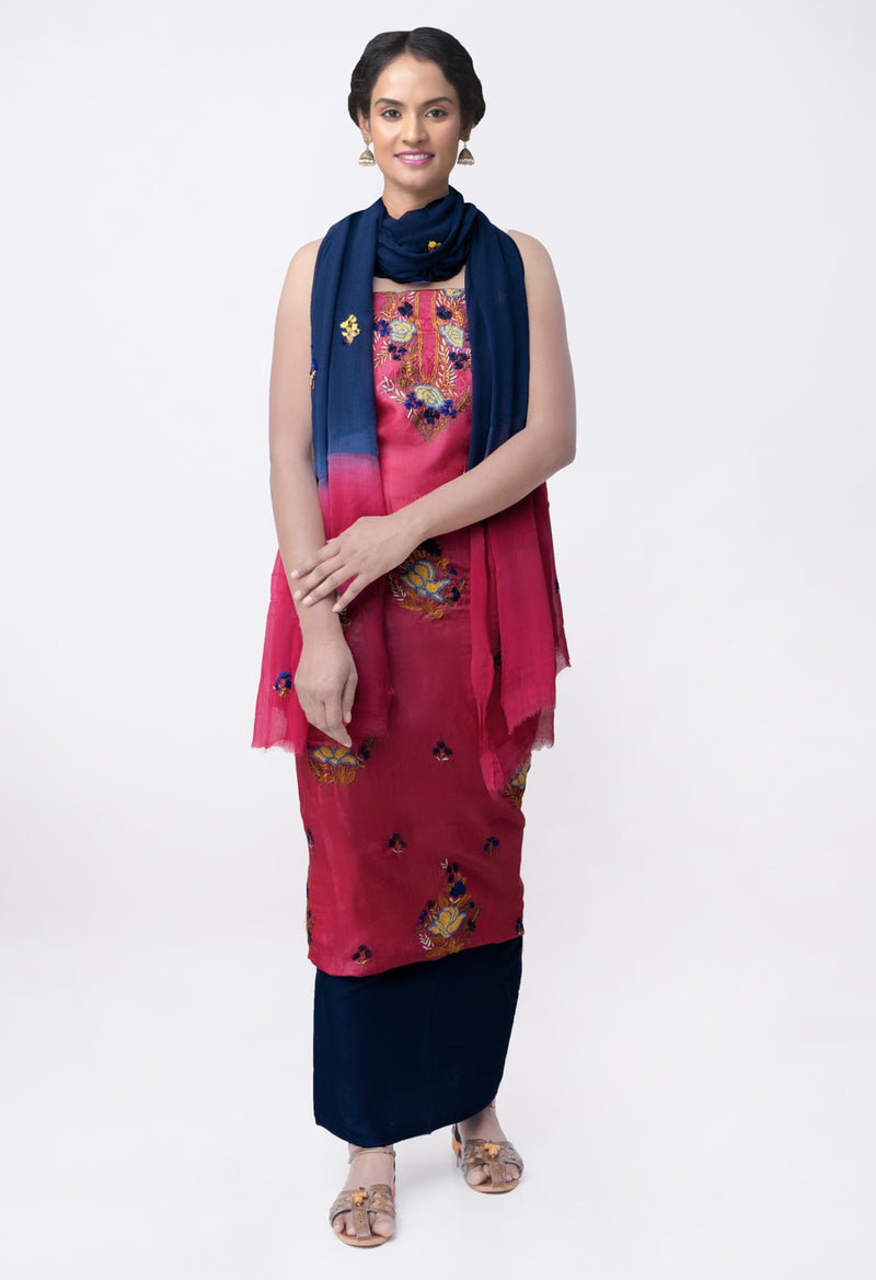 Online Shopping for Unstitched Pink-Blue Pure Handloom Phulkari Tussar Silk Salwar Kameez with Phulkari Work from Chattisgarh at Unnatisilks.com India