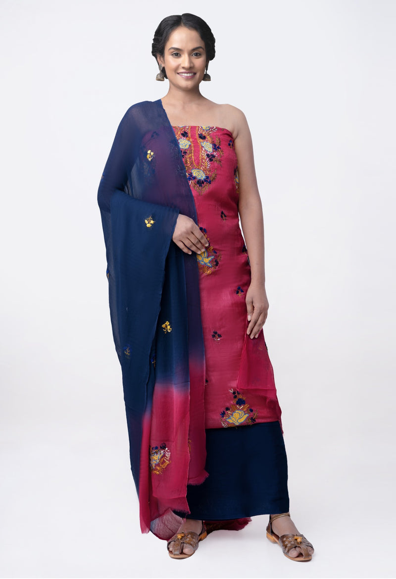 Online Shopping for Unstitched Blue-Red Pure Handloom Tussar Silk Kantha Salwar Kameez with Kantha work. from Chattisgarh at Unnatisilks.com India