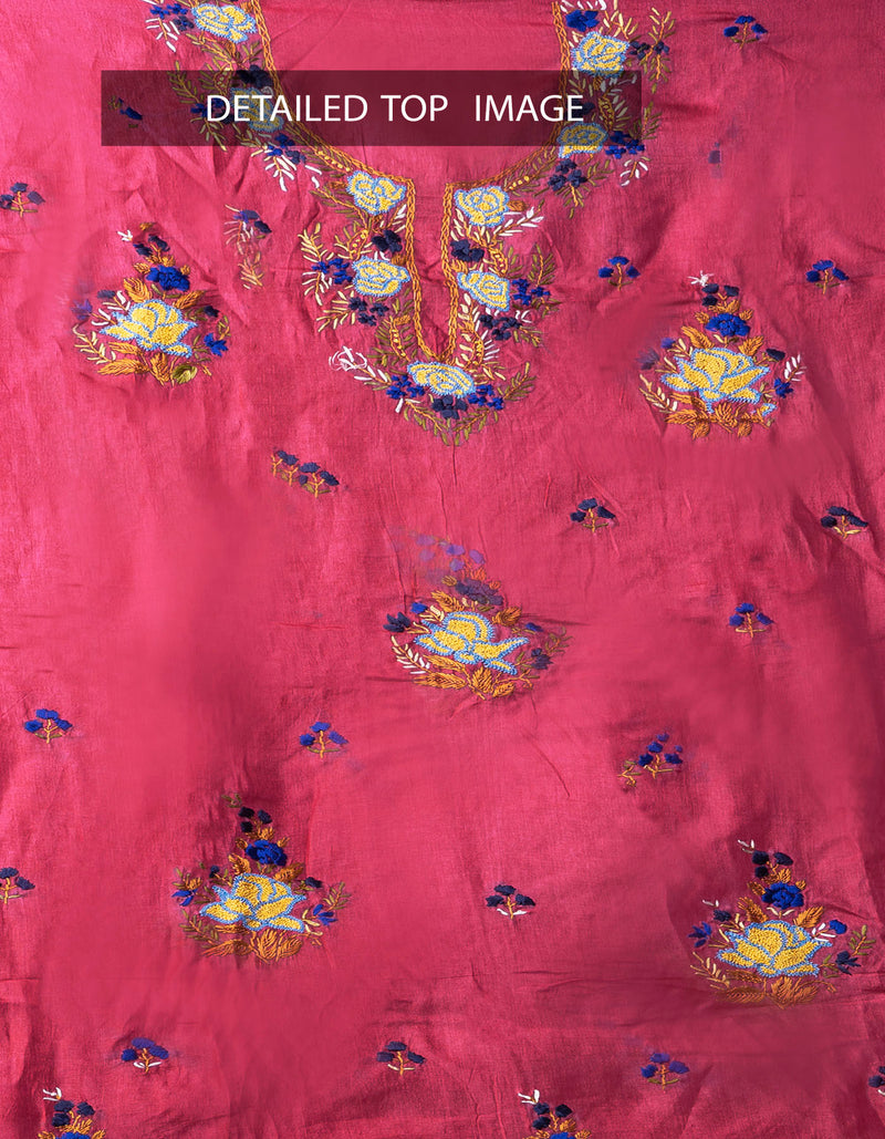Online Shopping for Unstitched Pink-Blue Pure Handloom Phulkari Tussar Silk Salwar Kameez with Phulkari Work from Chattisgarh at Unnatisilks.com India