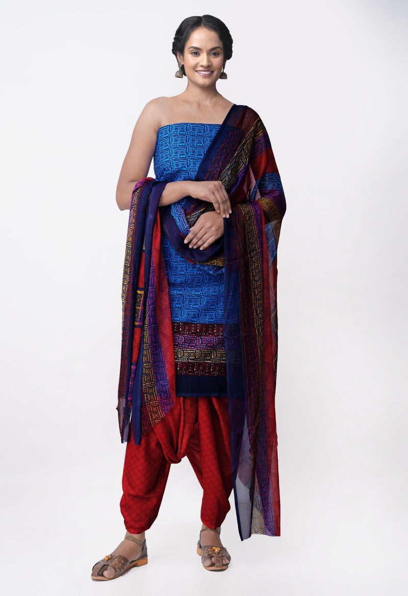 Online Shopping for Unstitched Blue-Red Printed Rajasthani Cotton Salwar Kameez  with Prints from Rajasthan at Unnatisilks.comIndia