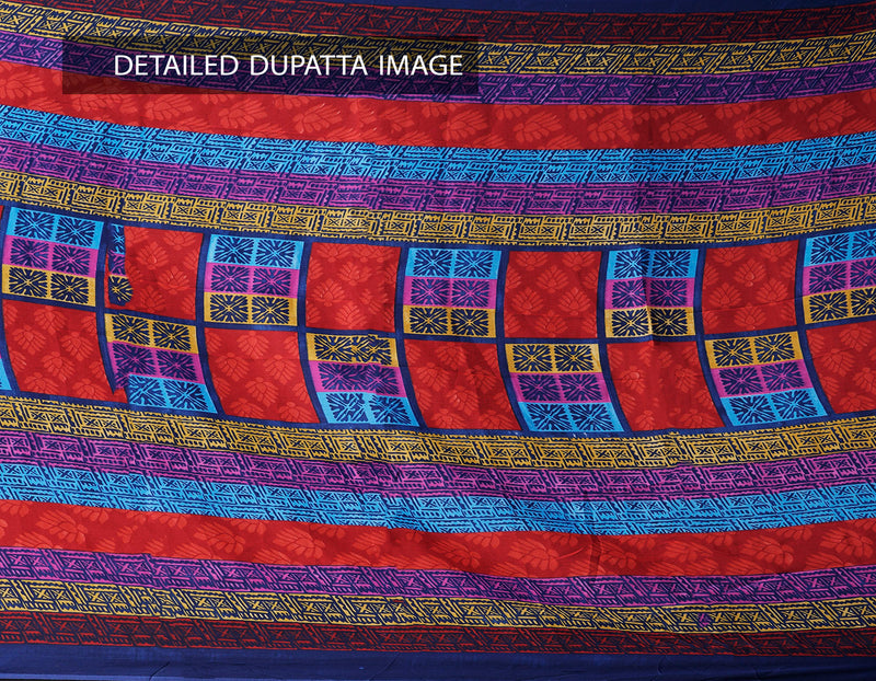 Online Shopping for Unstitched Blue-Red Printed Rajasthani Cotton Salwar Kameez  with Prints from Rajasthan at Unnatisilks.comIndia