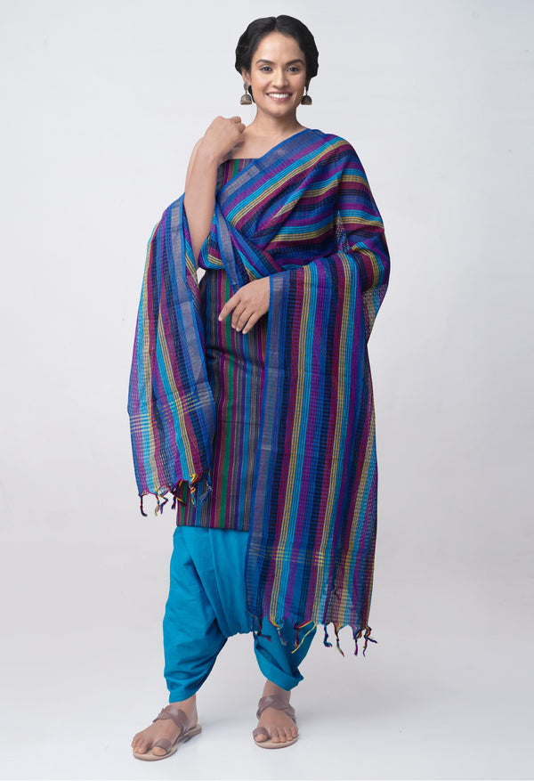 Online Shopping for Unstitched Multicolor-Blue Pure Chettinad Cotton Salwar Kameez  with Weaving from Tamilnadu at Unnatisilks.comIndia