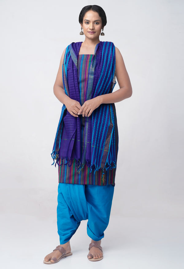 Online Shopping for Unstitched Multicolor-Blue Pure Chettinad Cotton Salwar Kameez with Weaving from Tamilnadu at Unnatisilks.comIndia