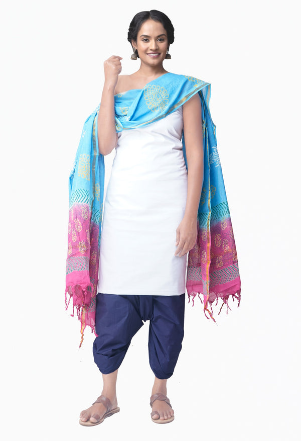 Online Shopping for Unstitched White-Navy Blue Pure Kanchi Cotton Salwar Kameez with  Weaving from Tamilnadu at Unnatisilks.comIndia
