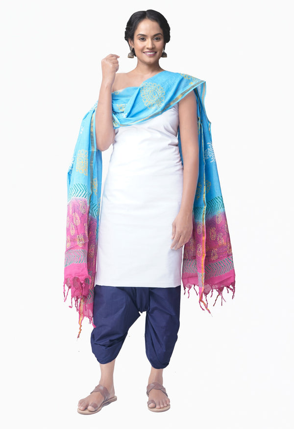 Online Shopping for Unstitched White-Navy Blue Pure Kanchi Cotton Salwar Kameez with  Weaving from Tamilnadu at Unnatisilks.comIndia
