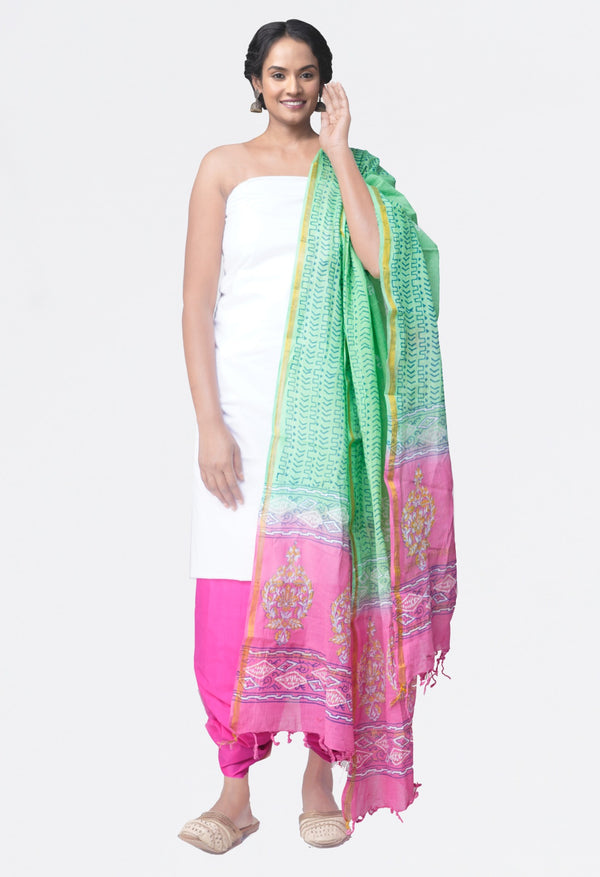 Online Shopping for Unstitched White-Pink Pure Kanchi Cotton Salwar Kameez with  Weaving from Tamilnadu at Unnatisilks.comIndia
