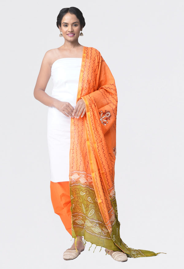 Online Shopping for Unstitched White-Orange Pure Kanchi Cotton Salwar Kameez with  Weaving from Tamilnadu at Unnatisilks.comIndia
