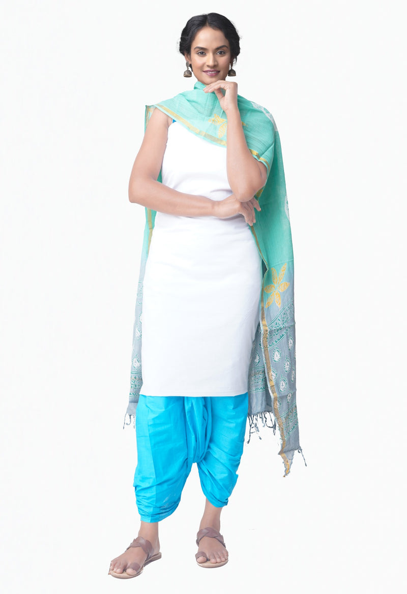 Online Shopping for Unstitched White-Blue Pure Kanchi Cotton Salwar Kameez with  Weaving from Tamilnadu at Unnatisilks.comIndia
