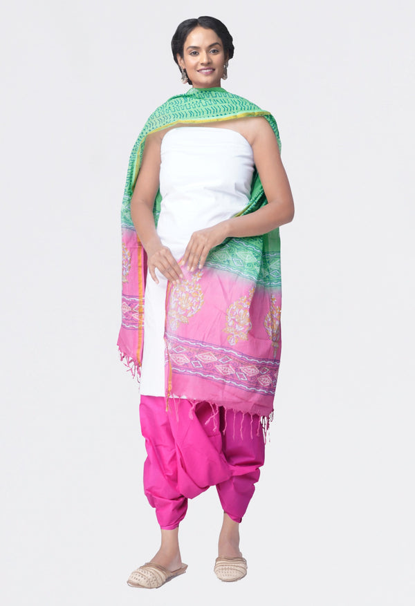 Online Shopping for Unstitched White-Pink Pure Kanchi Cotton Salwar Kameez with  Weaving from Tamilnadu at Unnatisilks.comIndia
