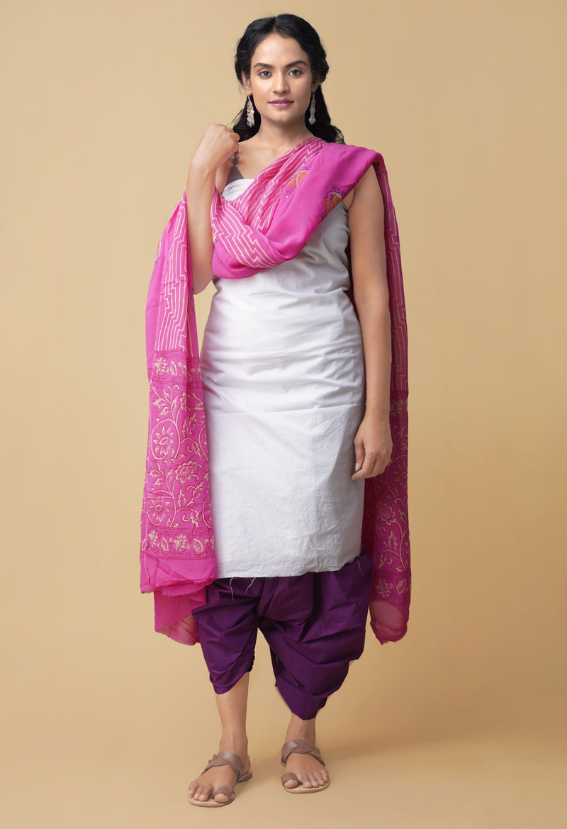 Online Shopping for Unstitched White-Violet Pure Kanchi Cotton Salwar Kameez with Weaving from Tamilnadu at Unnatisilks.comIndia
