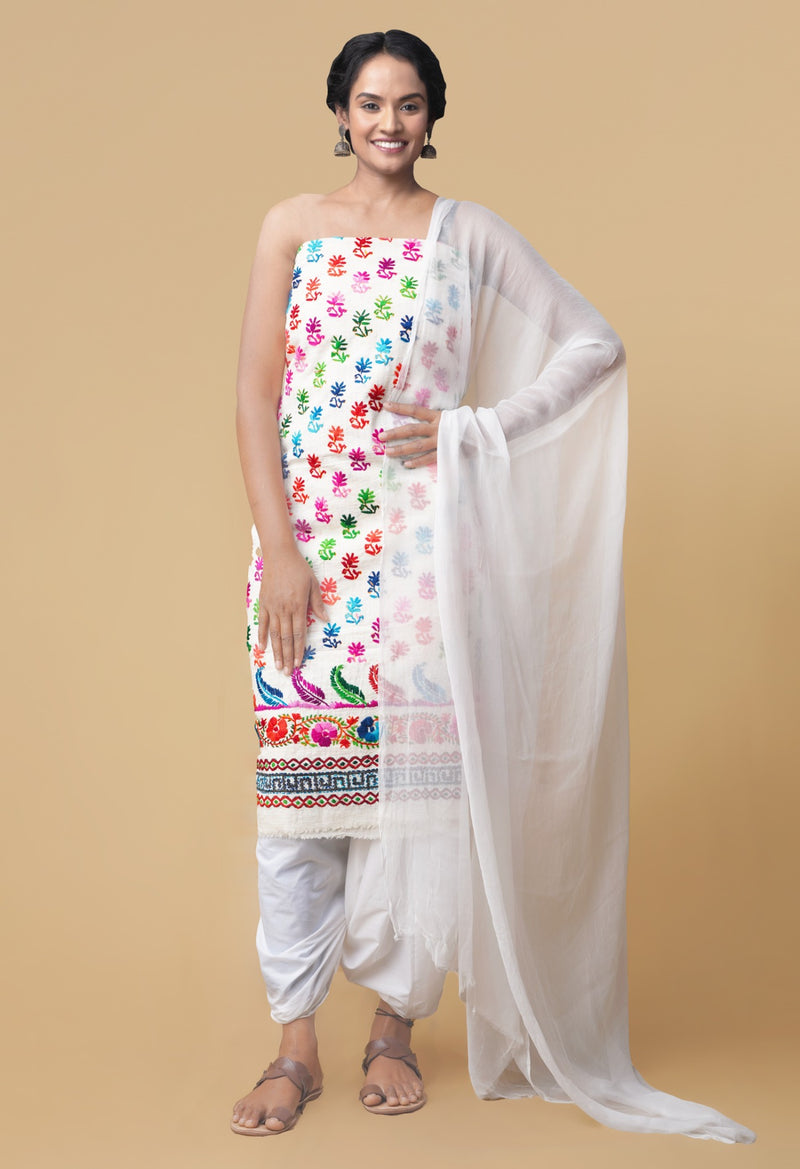 Online Shopping for Unstitched Ivory Pure Handwoven Phulkari Cotton Salwar Kameez with Phulkari from Punjab at Unnatisilks.comIndia
