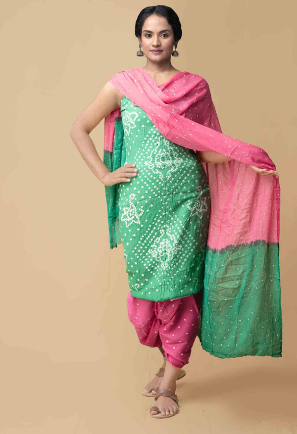 Online Shopping for Unstitched Green-Pink  Bandhani Cotton Salwar Kameez with Tie-N-Dye from Rajasthan at Unnatisilks.comIndia
