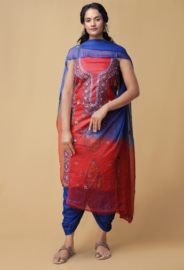 Unstitched Red-Blue Pure Handloom Phulkari Tussar Silk Salwar Kameez