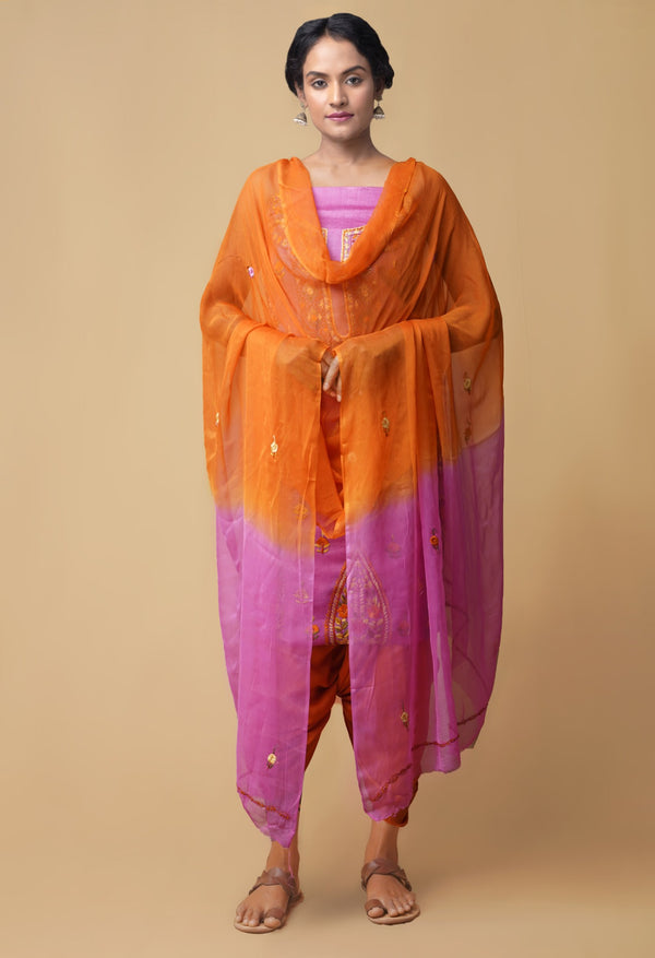 Unstitched Pink-Orange Pure Handloom Phulkari Tussar Silk Salwar Kameez