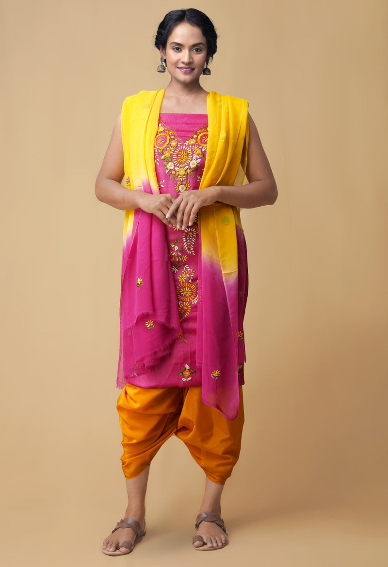 Unstitched Pink-Orange Pure Handloom Phulkari Tussar Silk Salwar Kameez