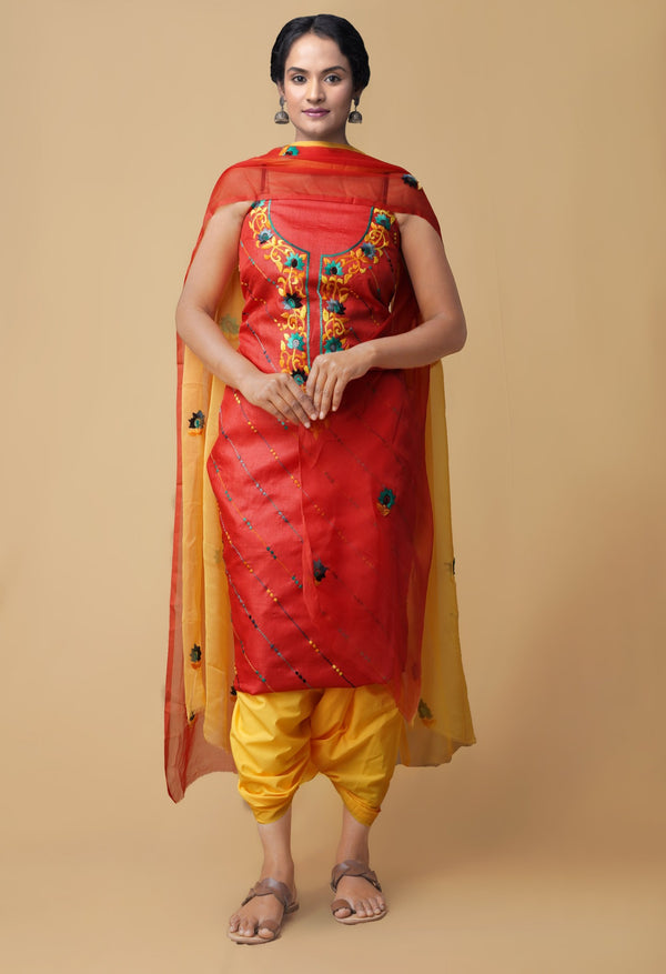 Unstitched Red-Yellow Pure Handloom Phulkari Tussar Silk Salwar Kameez
