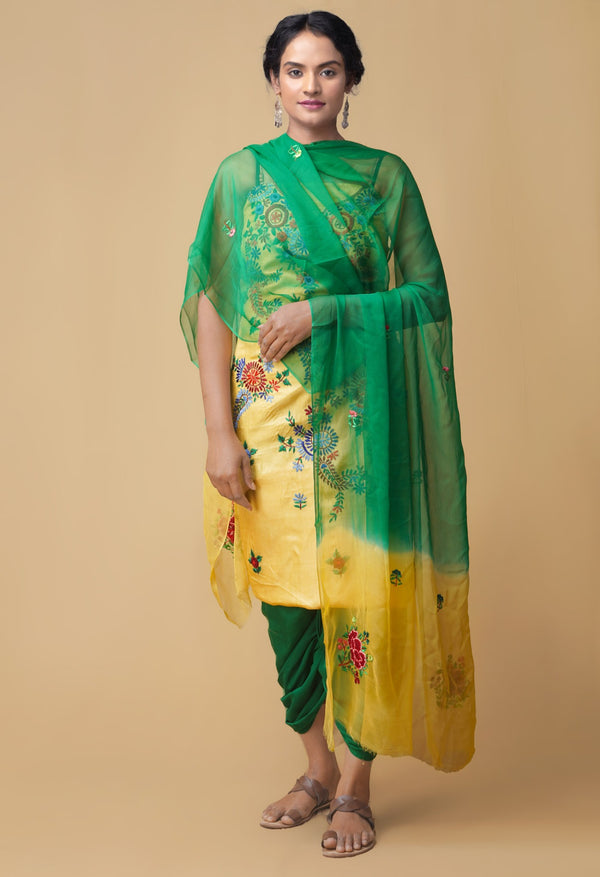 Unstitched Yellow-Green Pure Handloom Phulkari Tussar Silk Salwar Kameez