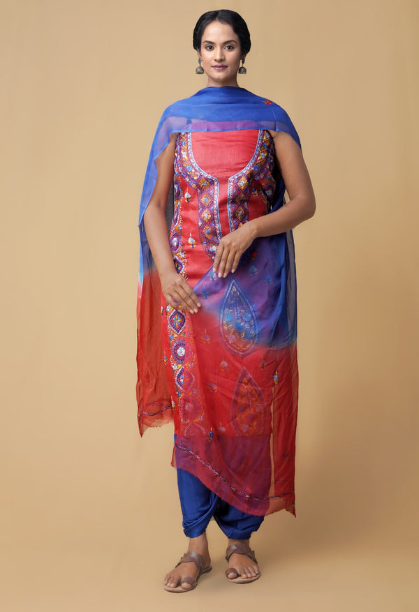 Unstitched Red-Blue Pure Handloom Phulkari Tussar Silk Salwar Kameez
