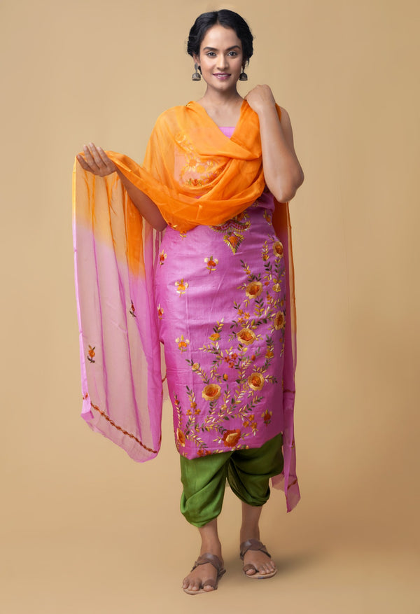 Unstitched Pink-Green Pure Handloom Phulkari Tussar Silk Salwar Kameez