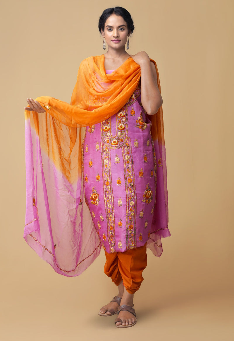 Unstitched Pink-Orange Pure Handloom Phulkari Tussar Silk Salwar Kameez
