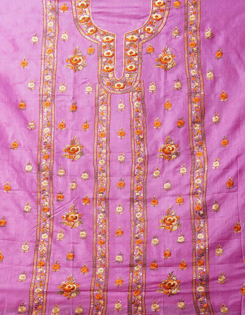 Online Shopping for Unstitched Pink-Orange Pure Handloom Phulkari Tussar Silk Salwar Kameez with Phulkari from Chhattisgarh at Unnatisilks.comIndia
