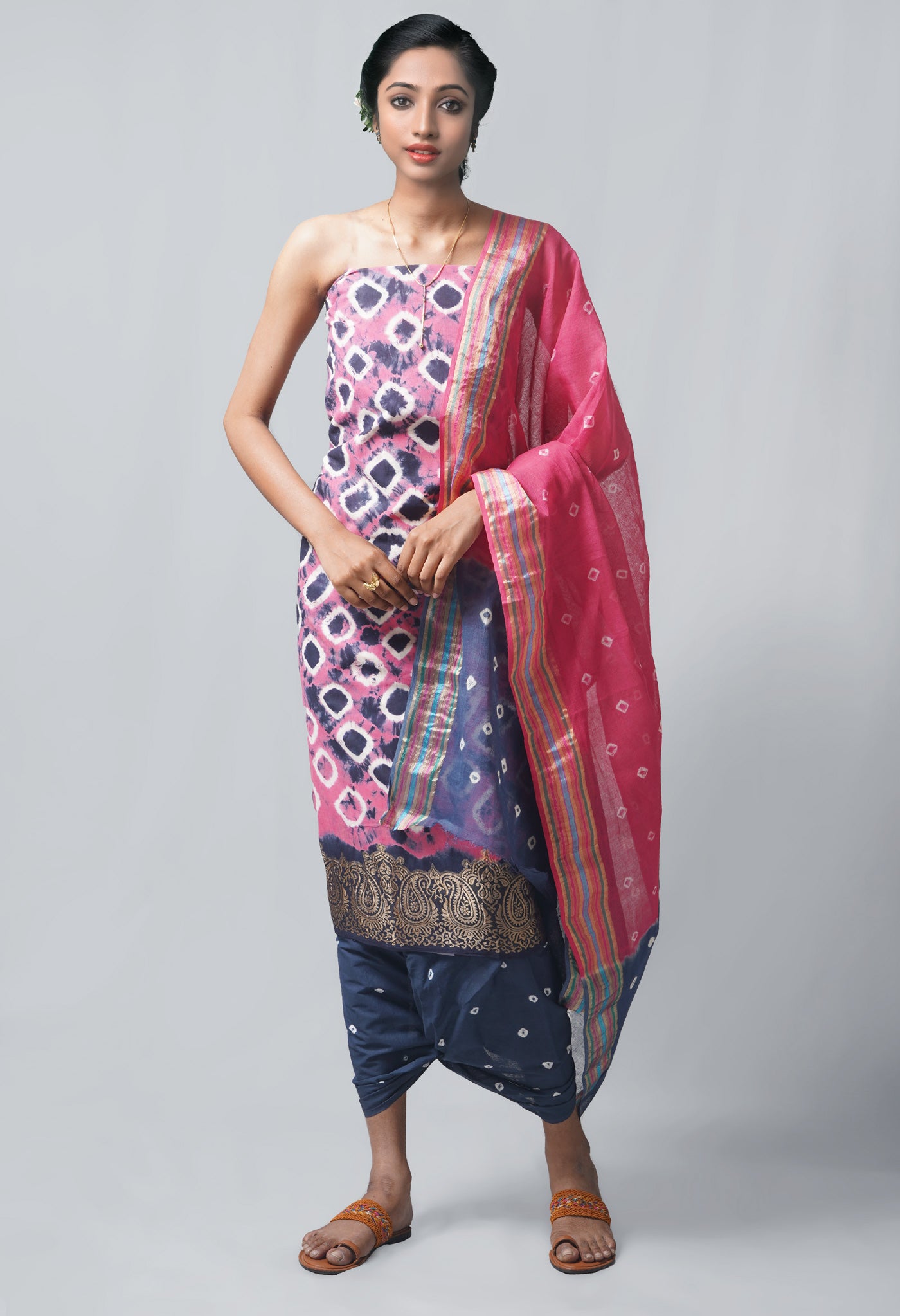 Unstitched Pink-Indigo Pure Bandhani Cotton Salwar Kameez –PR8757