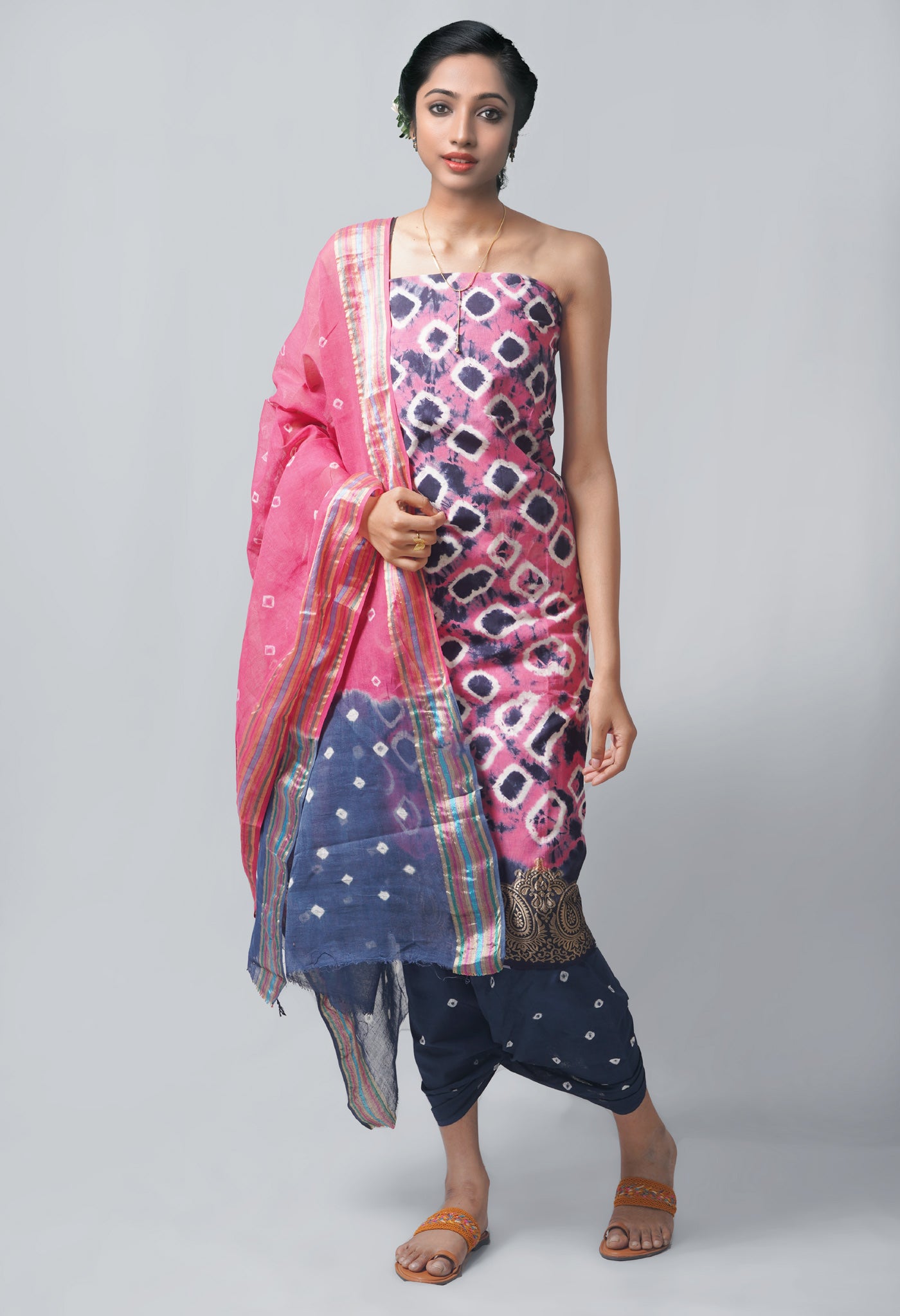 Unstitched Pink-Indigo Pure Bandhani Cotton Salwar Kameez –PR8757