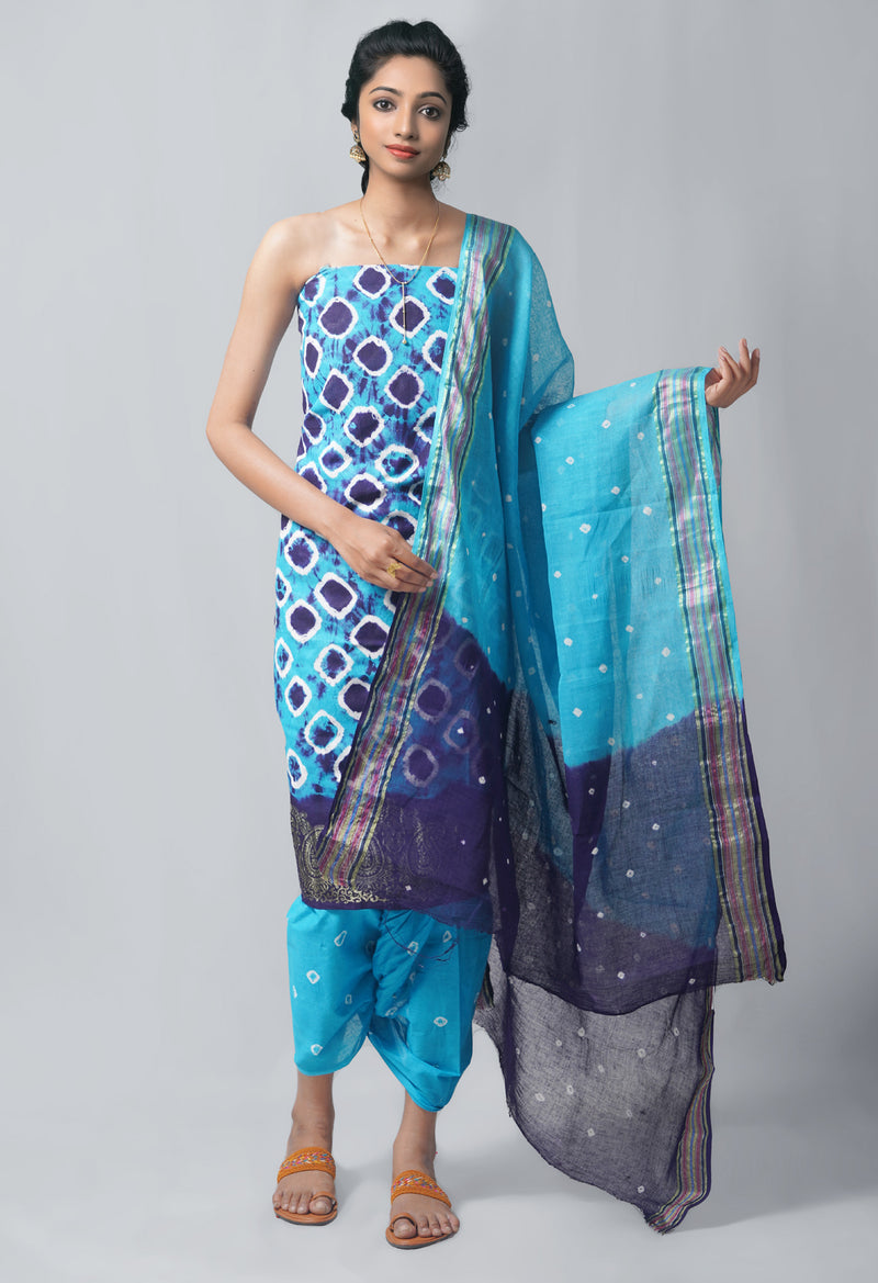 Unstitched Blue-Navy Blue Pure Bandhani Cotton Salwar Kameez –PR8761