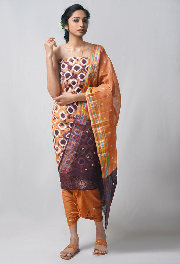 Unstitched Tan-Dark Purple Pure Bandhani Cotton Salwar Kameez –PR8766
