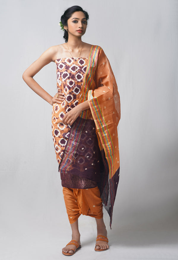 Unstitched Tan-Dark Purple Pure Bandhani Cotton Salwar Kameez –PR8766